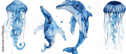 set of watercolor illustrations of jellyfish, humpback whale and seahorse in blue colors on white background © wanna