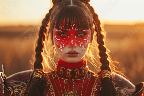 30 year old woman wearing red warrior full face in style of Face Paint with two high-pony-tails, hair bangs, brunette, gold hair braid jewelry, outside, golden hour, natural lighting