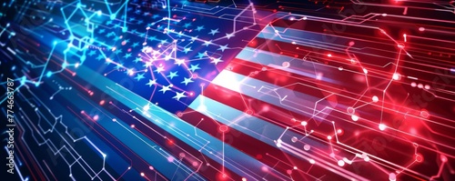 Election day concept. Abstract USA flag, futuristic technology with glowing circuits. Electronic voting (e-voting) concept