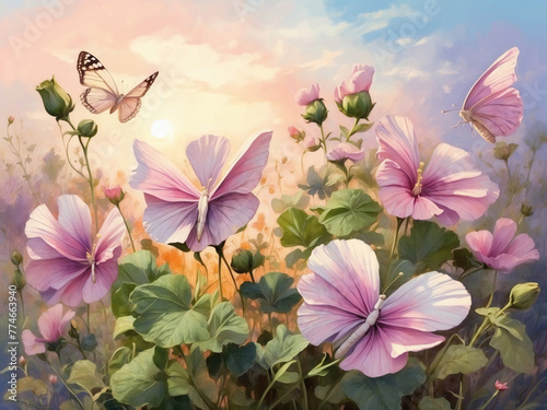 Meadow Magic  Mallow Flowers Bloom as Butterflies Flutter in the Sunrise Glow - an oil painting.