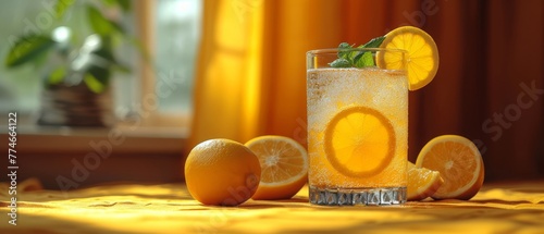  A tight shot of a glass filled with lemonade on a table Lemons and a potted plant visible behind