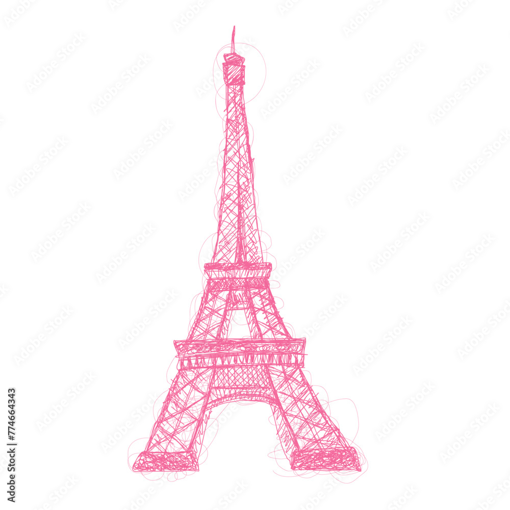 Eiffile Tower drawn in children's style with pencils, kids drawings