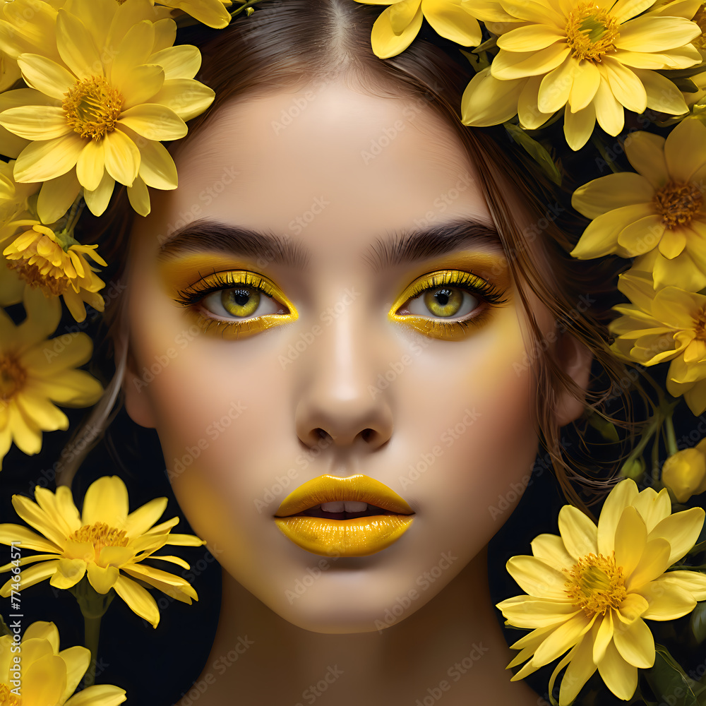 a portrait of a woman with yellow flowers