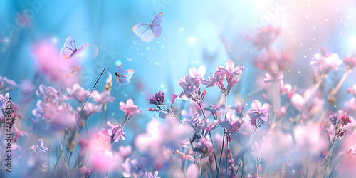 A background of butterflies flying over purple flowers, generative ai © Chaman