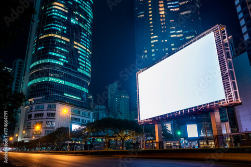 Street white advertising billboard background cityscape, side view at night time © ty