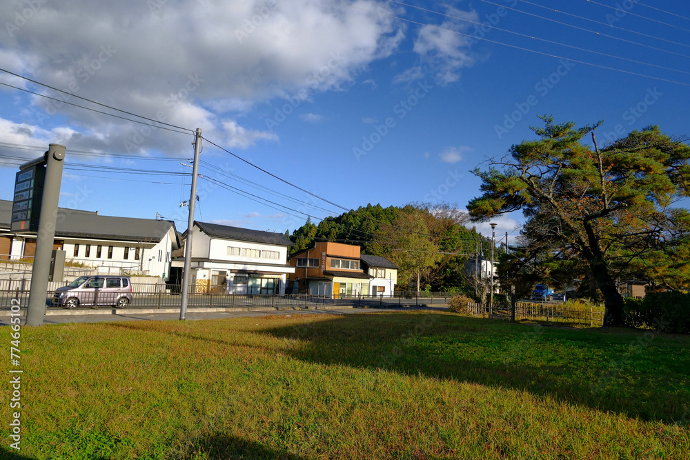 Sendai, Japan - View of japanese house with road and park for relax.