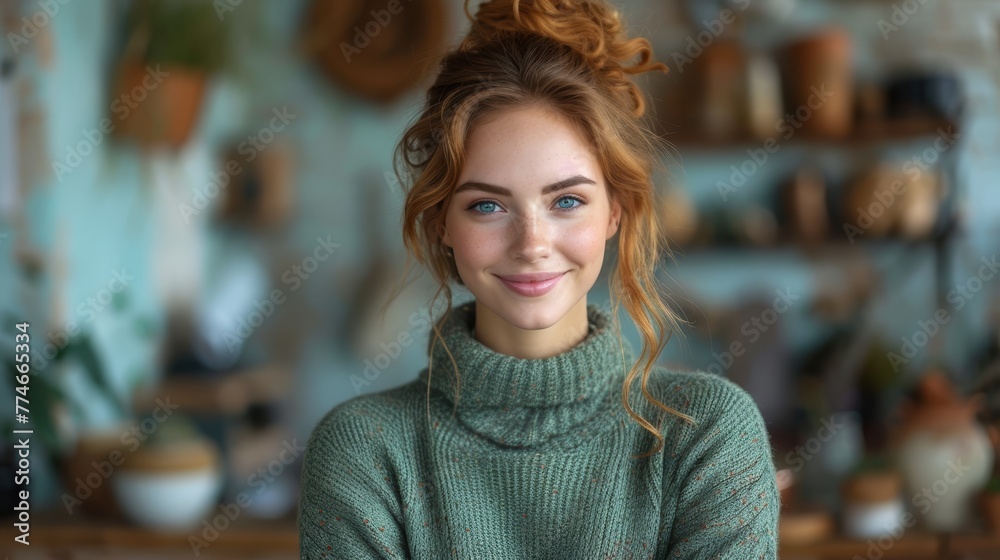 A woman in a kitchen wears a green turtleneck sweater and has a messy bun atop her head A woman in a kitchen wears a green turtleneck sweater and has a messy bun atop her head