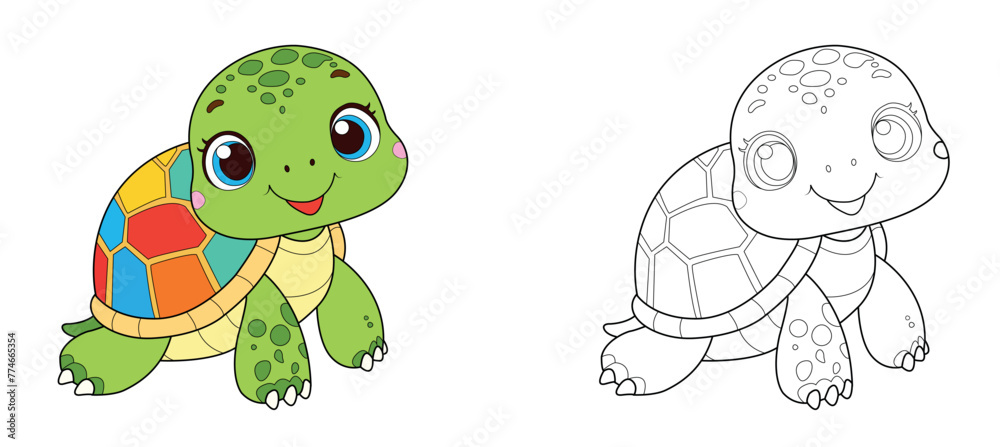 Colorful children's turtle in cartoon style. Black and white vector illustration for coloring books. Coloring book for children.
Colorful children's turtle in cartoon style. Black and white vector illustration for coloring books. Coloring book for children.