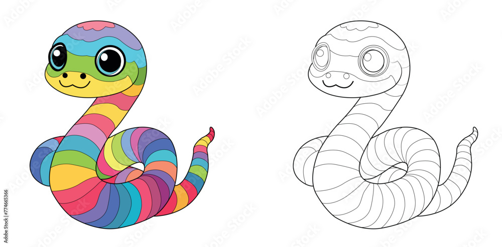 Fototapeta premium Colorful children's snake in cartoon style. Black and white vector illustration for coloring books. Coloring book for children..