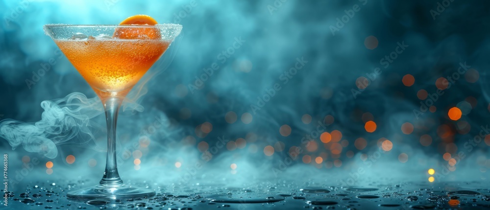   A glass holding a drink with a cigar-like smoke curl rising above it, an orange circling the rim - obrazy, fototapety, plakaty 