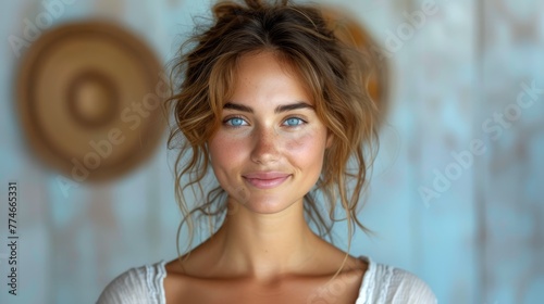  A tight shot of a woman with blue eyes and an unkempt top knot in her hair, beaming at the camera