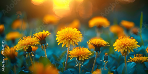 A field of dandelions with the sun shining on them  generative ai
