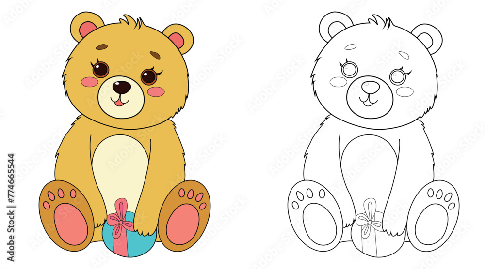 Fototapeta premium Colorful children's bear in cartoon style. Black and white vector illustration for coloring books. Coloring book for children.