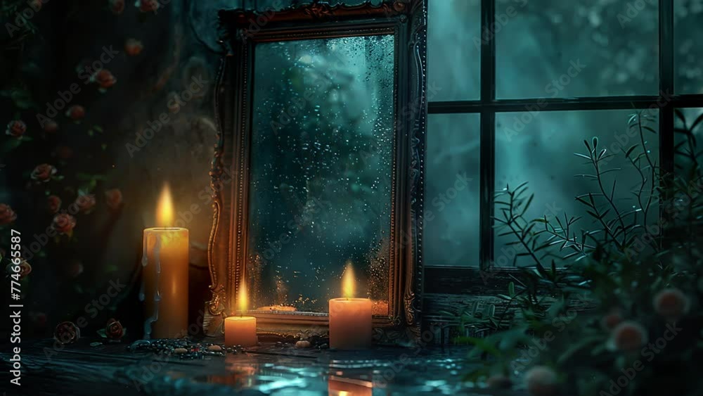 A mystical mirror with a palm in a dark room with candles