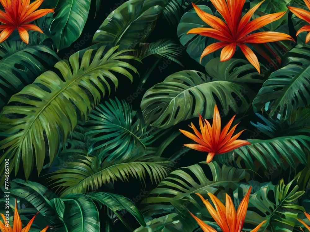 Bright background with emerald palm leaves, flowers and tropical greenery close-up.