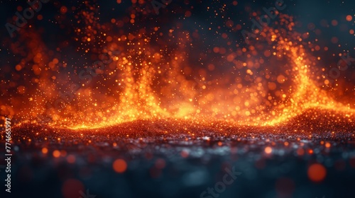  A sharp image of a bright orange fire against a dark background Foreground features fires in buckets and flying sparks
