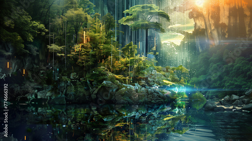 Mystical Forest with a Luminous Waterfall and Lake .A fantastical forest scene with glowing waterfalls and a tranquil lake reflecting the enchanting light and lush greenery.  © phairot