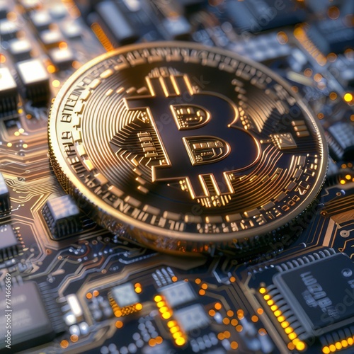 3D coin placed on a circuit board It represents the technological backbone of cryptocurrencies and their importance in the digital economy.