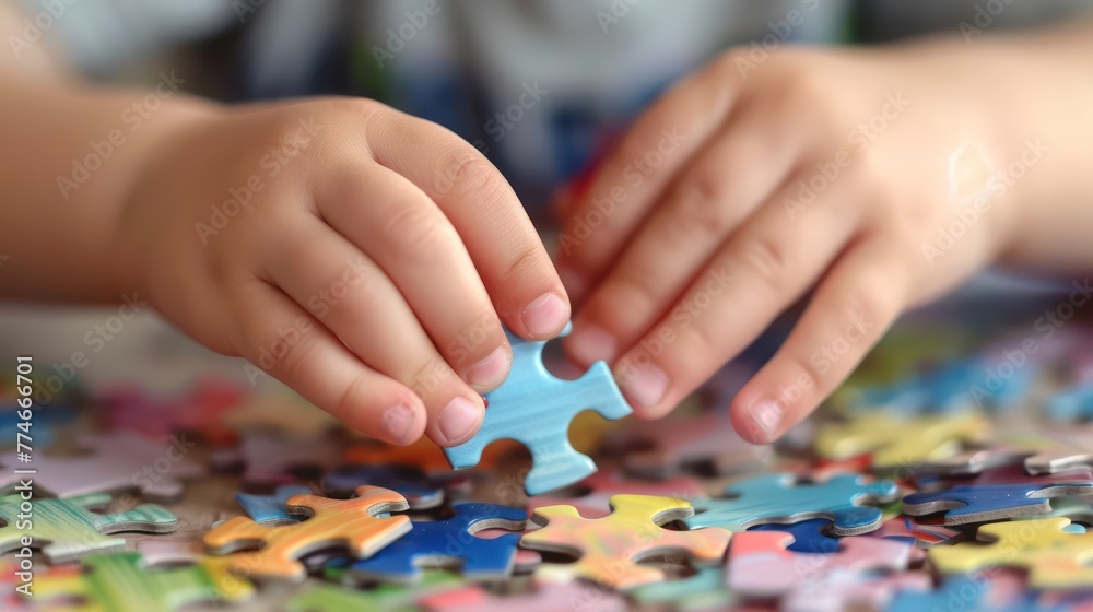 Autism and autism Boy's hands connecting a jigsaw puzzle. Autism and other developmental, communication and social behavior disorders.