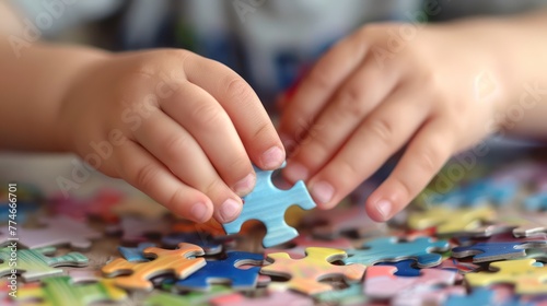 Autism and autism Boy s hands connecting a jigsaw puzzle. Autism and other developmental  communication and social behavior disorders.