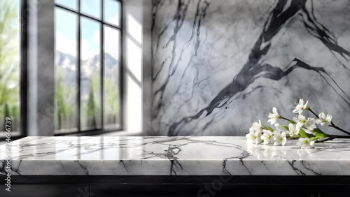 Minimalist marble table, glowing lights, hazy spring vista.
