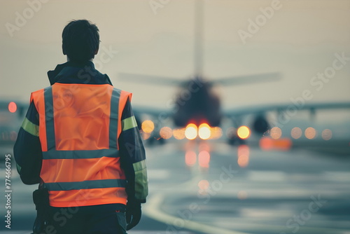 An airplane technician standing on the track handling airplane takeoffs photo