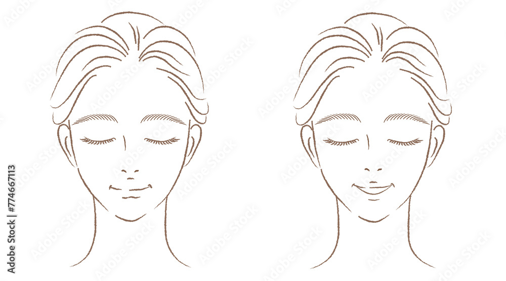 目を閉じた女性の顔アップのイラストセット　きれいめ手描き　線画のみ