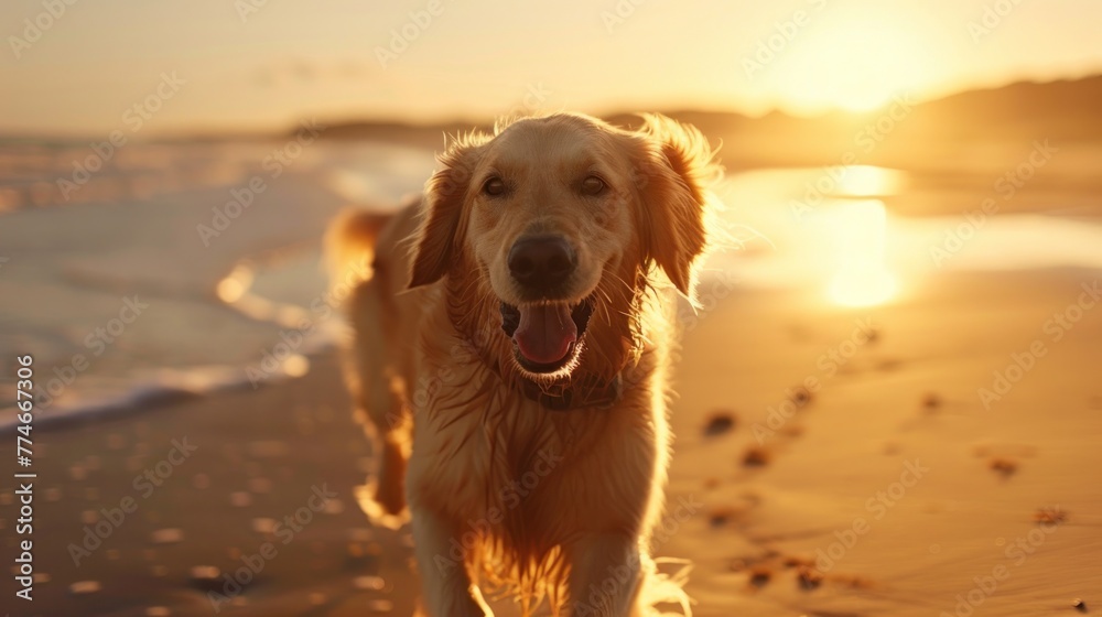 Golden Bliss: Serene Sunset with a Loyal Retriever Embracing Nature's Calm - Generative AI