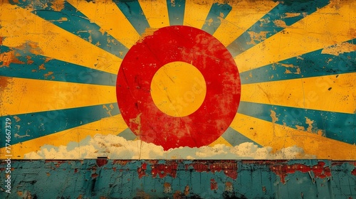   The Colorado flag graces the side of an aging, rustic building in yellow and green hues