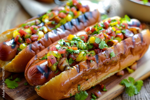 Closeup of a hotdog on a wooden plate with vegetable toppings