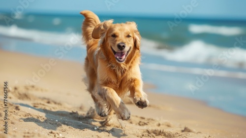 Joyful Sprint Along the Shore: Golden Retriever Embraces Beachside Fun - Generative AI