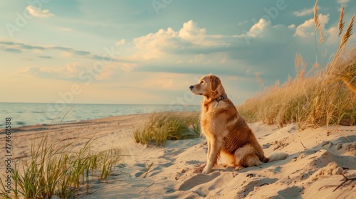 Serenity by the Sea: Reflective Golden Retriever Enjoys Coastal Bliss - Generative AI