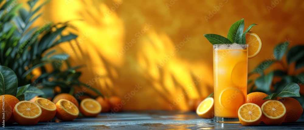   A tall glass holding orange juice sits on a table Oranges and green leaves encircle it Behind is a yellow wall - obrazy, fototapety, plakaty 