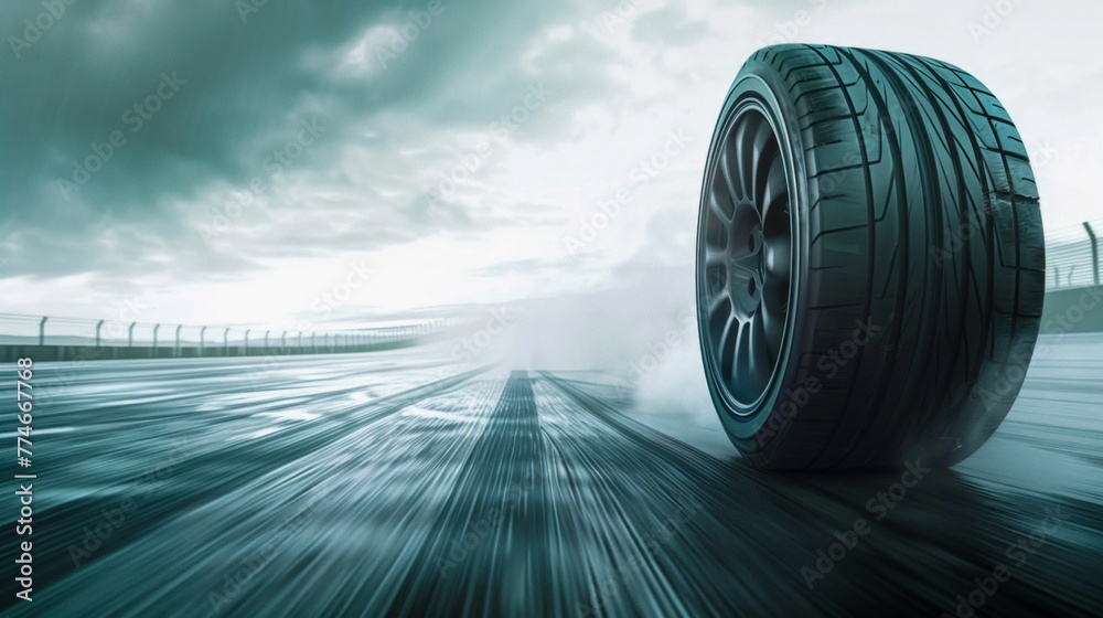 High-Speed Tire in Motion on the Road. Generative ai High-Speed Tire in Motion on the Road. Generative ai