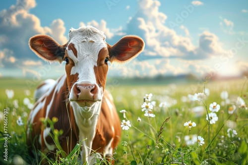 Curious Cow Enjoying the Meadow. Generative ai