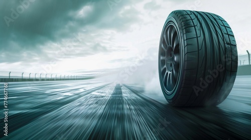 High-Speed Tire in Motion on the Road. Generative ai © Yevheniiya