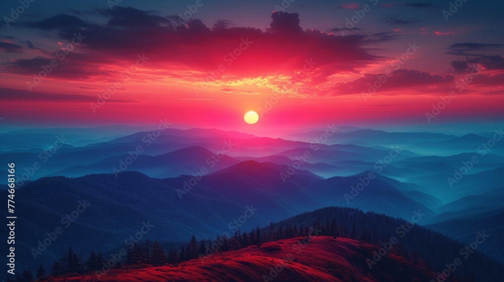   A sunset view of a mountain range with a red sun overhead