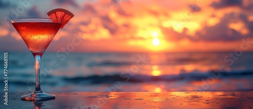  A tight shot of a wine glass holding liquid, atop a table by the sea Sunset casts brilliant hues over the ocean behind