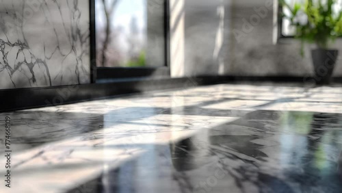 Tabletop montage for product presentation, technological style, with empty wooden, blurred lights background
