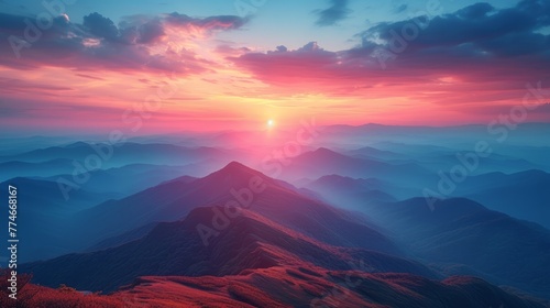  A mountain range's sunset view with the sun ascending above its peak in the foreground