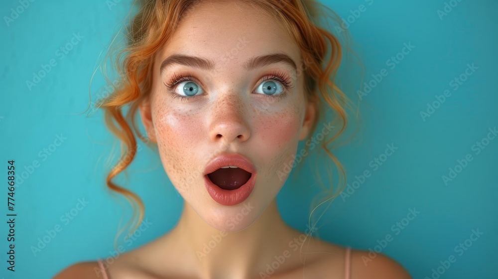 A woman with a surprised expression, her hair flowing in the wind against a blue backdrop A woman with a surprised expression, her hair flowing in the wind against a blue backdrop