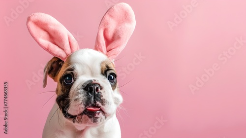 Cute Bulldog Puppy with Bunny Ears on a Pink Background, Perfect for Easter. Playful Pet Portraiture, Whimsical Animal Photo. AI