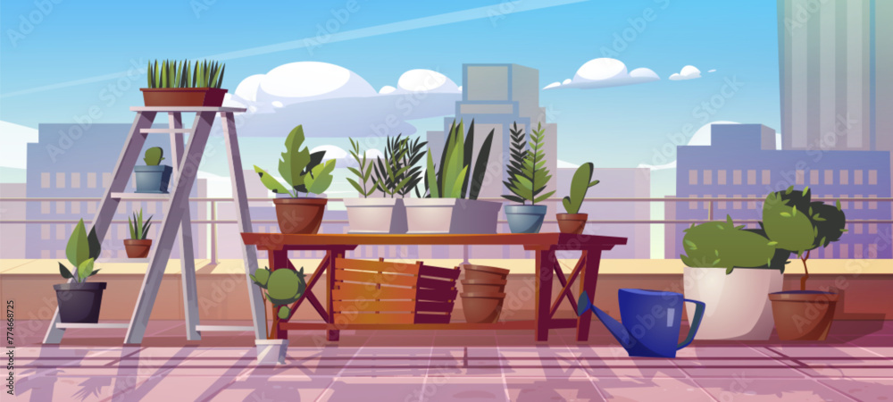 Fototapeta premium Plant garden on urban home balcony cartoon vector. House veranda or rooftop with flower pot on shelf. Outdoor patio exterior for greenhouse and sprout grow hobby. Cute modern apartment porch view