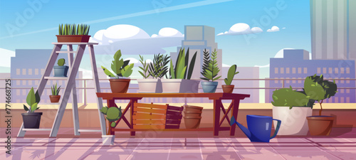 Plant garden on urban home balcony cartoon vector. House veranda or rooftop with flower pot on shelf. Outdoor patio exterior for greenhouse and sprout grow hobby. Cute modern apartment porch view © klyaksun