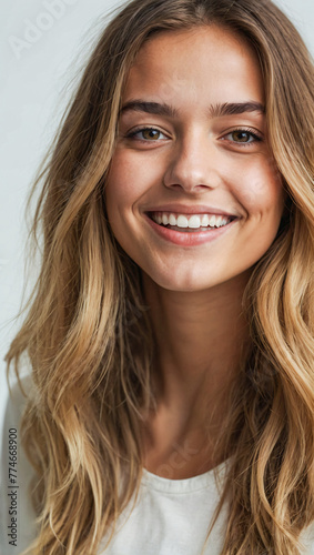 beautiful young woman wearing a white outfit is smiling while looking at the camera on a clean white background