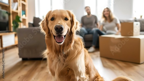 Happy dog with smiling couple in new home. Golden retriever welcomes camera focus. Casual lifestyle image depicting pet ownership and moving day excitement. AI