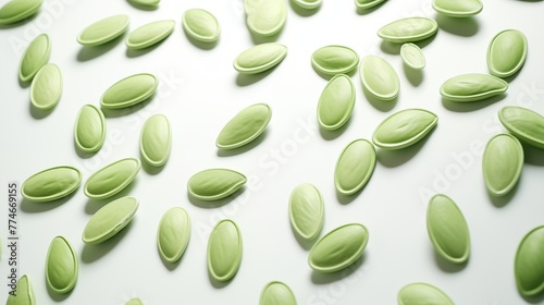 A crisp image of pumpkin seeds scattered on a white surface, captured from above to spotlight their flat, ovate shapes and light green hues