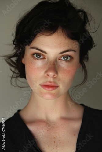 Young woman with freckles and black top. Close-up of a young female with freckles, natural makeup, and casual black attire looking at the camera