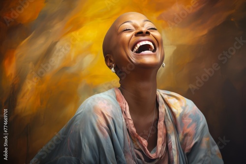 Bald woman of African descent, aged around 45, captured in a moment of joy and laughter. Her radiant smile lights up the frame against a vibrant backdrop.