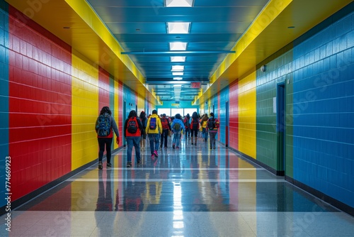 Busy school corridor during passing period photo